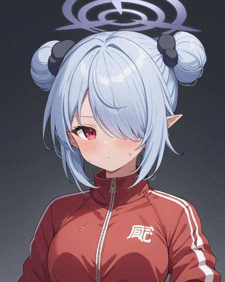 iori \(blue archive\),1girl, dark-skinned_female, solo, double_bun, hair_over_one_eye, white_background, simple_background, halo, upper_body, looking_at_viewer, alternate_hairstyle, track_jacket, sweat, long_sleeves, red_jacket, alternate_costume, zipper, sweatdrop, ear_blush
<lora:iori_(blue_archive)_image2795_2023-11-27-000009:1>halo. gorgeous,key visual, vibrant, studio anime,award-winning, professional, highly detailed,high budget, cinemascope