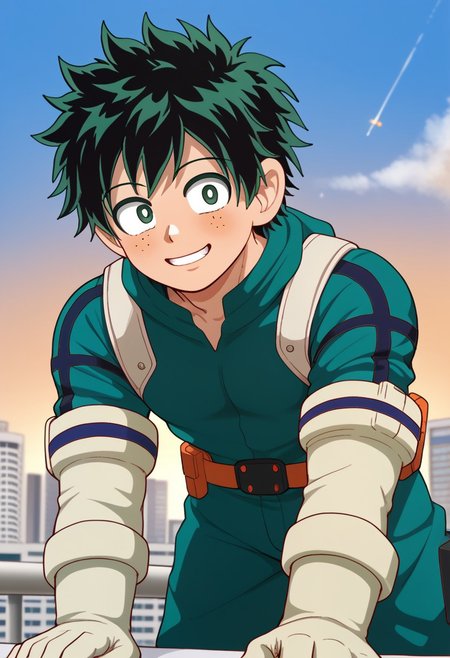source_anime, masterpiece, best quality, 1boy, yaoi, solo, midoriya izuku, green bodysuit, white gloves, smile, happy, city view, boyfriend pov, from side, evening sky