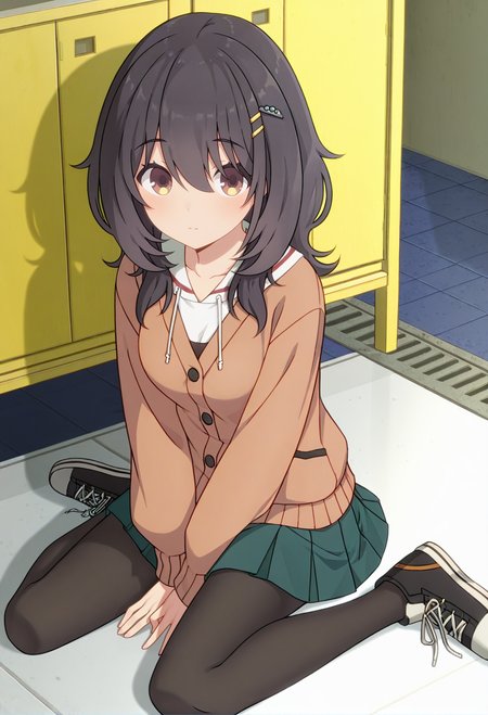 <lora:Mako KAWAI_illustrious-000052:1>,
Mako KAWAI,black pantyhose,pleated skirt,white shirt,cardigan,hair ornament,green skirt,sneakers,shoes,wariza