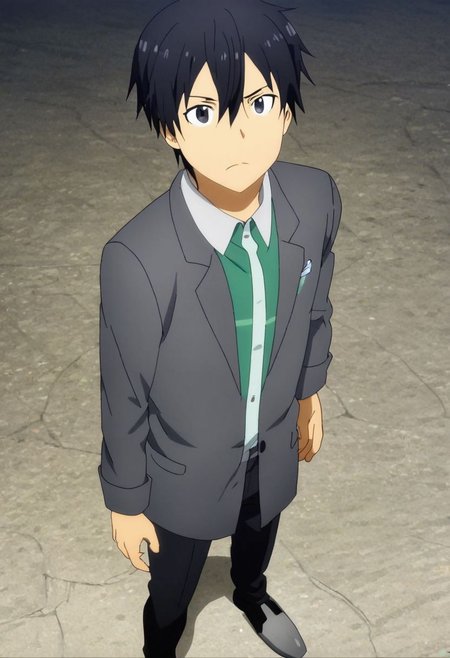 high resolution, professional photography, solo, best quality, 1Boy, Kazuto Kirigaya, Black Hair, Black Eyes, standing, straight facing upwards, casual, seen from above, arrogant face, dominant, intimidate, OverallDetail