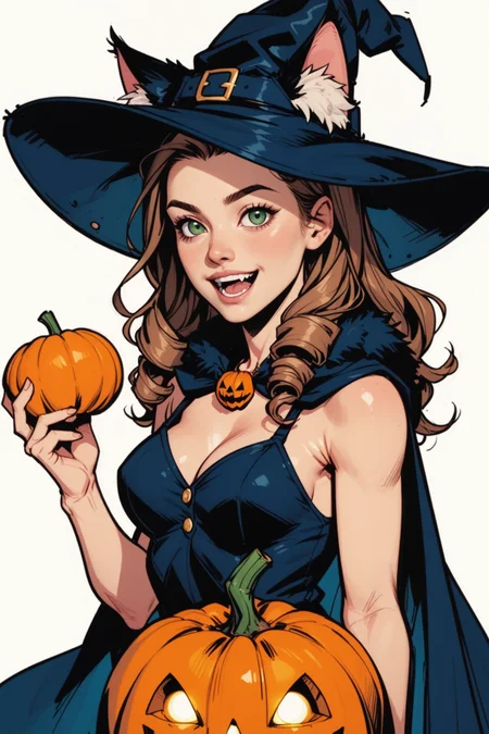 1girl, animal ears, green eyes, solo, jack-o'-lantern, hat, pumpkin, holding vegetable, brown hair, smile, halloween, looking at viewer, cape, open mouth, long hair, teeth, holding, vegetable, witch hat, upper body, drill hair, ears through headwear, animal ear fluff, cat ears, fur trim, black headwear, fake animal ears, :d, sleeveless, a_Comic_Illustration, rough lines with ink, (drawn:1.1), (sketch:1.5), (crosshatching:1.25), (comic style:1.1), graphic novel style, sharp lines, hires, zstyle, (western comics \(style\):1.1), (hatching \(texture\):1.2), zPDXL, Mr_Monster_Possitive, <lora:Expressive_H:0.5>, score_9, score_8_up, score_8_up,