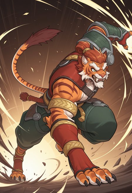 masterpiece,best quality,amazing quality, 1boy, solo, t1b3r1us, tiger boy, red bracer, single green pauldron, gold arm bracelet, chest harness, green forearm armor, red fingerless gloves, green pants, red ankle guard, full body, attack,