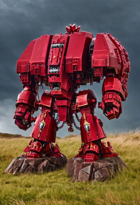 A four-meter tall towering ruby drdnght machine, its crimson plating scorched and pitted from countless battles, charges headlong into the fray, its thunderous footsteps shaking the very earth beneath its feet as it seeks out its next worthy foe.