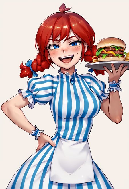 1girl, solo, upper body, vertical striped dress, red hair, freckles, blue eyes, pigtails, wrist cuffs, smug laugh, mouth open, ojou-sama pose, restaurant, burger, table, hand on hip, contrapposto, Wendy \(Wendy's\)