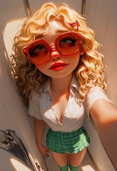 score_9, score_8_up, score_7_up, score_6_up, 
(((High Resolution, Best Quality, Semi Realism))),
((tiny breast:1.3))
(((girl alone selfie, unbuttoned,elevator, short mini plaid skirt, blonde, green stockings, pale realistic skin, hazel eyes, natural face, no makeup face, long wavy hair,embarassed face, shame face, red cheeks))), hairclip,nerd glasses
((top angle view:1.5))