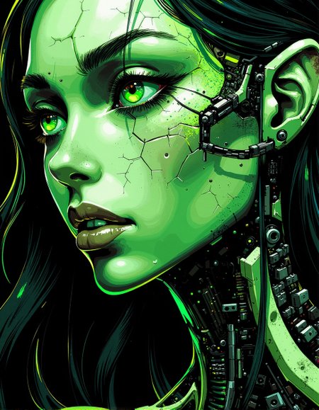 <lora:ck-Goro-Fujita:1>, digital artwork in the style of ckgf, A mesmerizing close-up portrait of an alien woman, her striking features blending extraterrestrial elegance with subtle mechanical elements. Her skin has a smooth, otherworldly texture, adorned with small, organic patterns. Her long, wavy hair cascades around her face, but in the Gameboy-style palette of green, white, and black. Mechanical elements are seamlessly integrated into her face and neck—sharp, angular pieces emerge like delicate circuitry. The chiaroscuro-inspired lighting brings deep contrast, with bold shadows enhancing her alien beauty. The background features a cyberpunk workshop, and the limited palette emphasize the alien and mechanical features, while a soft green glow outlines parts of her face and hair, creating a futuristic yet nostalgic visual reminiscent of early handheld gaming
<lora:ck-nc-pastel-cyberpunk:0.3>
<lora:ck-MetalGearSolid:0.25>
<lora:RetroAnimeFluxV1:0.25>