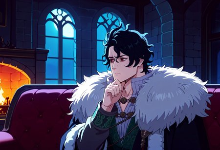 1boy, messy hair, black hair, green patch, red eyes upper body, fur trim, sofa, by fireplace, medieval fantasy, luxury interior, thinking, night, moonlight, window on the side