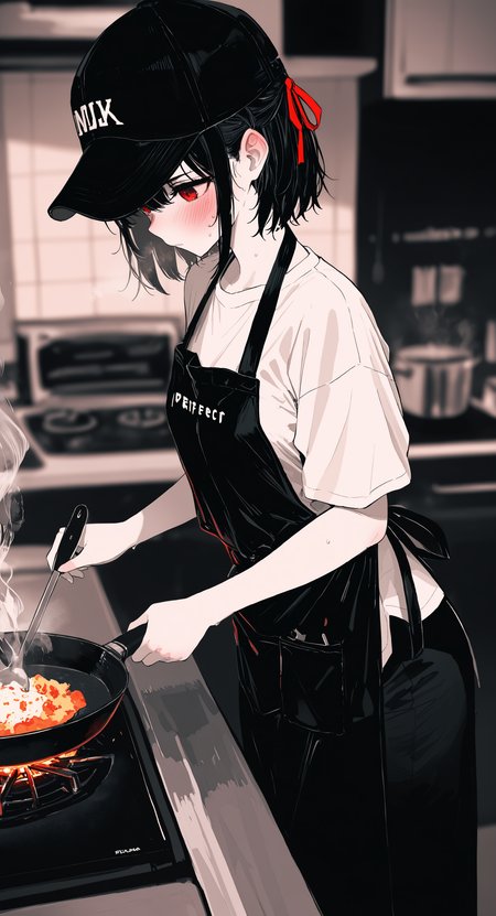 masterpiece, best quality, good quality, very awa, newest, highres, absurdres, 1girl, solo, blush, short hair, shirt, black hair, hat, ribbon, standing, white shirt, hair ribbon, short sleeves, sweat, food, indoors, blurry, apron, red ribbon, black headwear, blurry background, steam, baseball cap, cooking, kitchen, frying pan, black apron, stove, limited palette, <lora:illustriousXL_stabilizer_v1.23:0.3> <lora:NOOB_vp1_detailer_by_volnovik_v1:0.3> <lora:ponyv6_noobE11_2_adamW-000017:0.3> <lora:114558v4df2fsdf5:0.6> <lora:XXX667:0.4> <lora:mon_monmon2133:0.5>