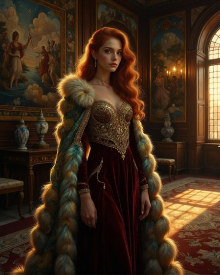 <lora:ck-swirlycircles-000015.safetensors:1> digital artwork in the style of ck-swc
In a grand hall bathed in the soft, golden light of dusk, a striking woman stands with an air of regal poise. Her gown, a rich burgundy velvet, is intricately adorned with delicate gold beadwork that cascades from her neckline to her waist, creating a shimmering tapestry of luxury. Over her shoulders, she drapes a sumptuous fur cape, its iridescent hues of green, blue, and yellow catching the light and casting a mesmerizing glow. The fabric of the cape seems to ripple like the surface of a tranquil lake, adding a touch of vintage opulence.
The woman's hair, a cascade of fiery red, falls in gentle waves down to her shoulders, framing her face with a halo of warmth. Her eyes, deep and contemplative, reflect the wisdom and strength of a true sovereign. The setting is an ornate chamber, adorned with intricate tapestries and ornate furniture. The walls are paneled with dark wood, and a large, arched window lets in the soft, diffused light of the setting sun, creating dramatic contrasts of light and shadow.
In the background, a tapestry depicting a heroic scene from ancient mythology adds a layer of allegory, symbolizing valor and wisdom. The interplay of light and shadow casts deep, sculptural shadows, enhancing the lifelike quality of the subjects and giving the scene a timeless, almost sculptural depth. The atmosphere is serene and timeless, drawing the viewer into a world of classical beauty and profound meaning.