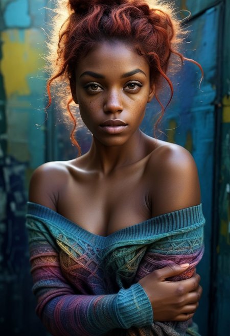 mysterious coloured woman with freckles, a stunningly seductive stare, in off-shoulder sweater, fading backlit background, pastell colours, alluring goddess, by Minjae Lee, Carne Griffiths, Emily Kell, Steve McCurry, Geoffroy Thoorens, Aaron Horkey, Jordan Grimmer, Greg Rutkowski, amazing depth, double exposure, surreal, geometric patterns, intricately detailed, bokeh,  perfect balanced, deep fine borders, artistic photorealism , smooth,  great masterwork by Suiras  <lora:add-detail-xl:2>  <lora:Double_Exposure:0.5>