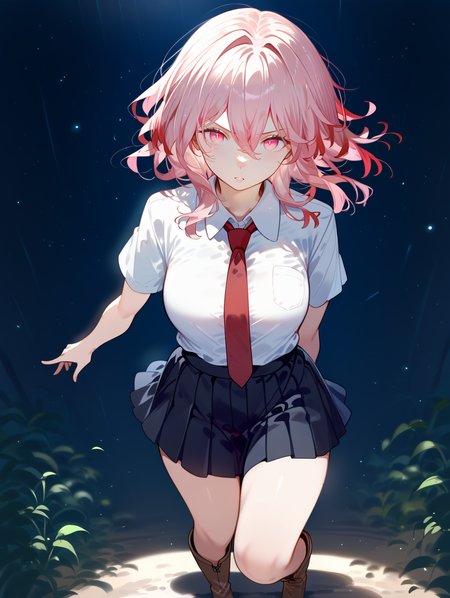 1girl, 
dynamic angle, depth of field, breasts, black skirt, solo, thighs, tareme, medium hair, light particles, skirt, long sleeves, looking at viewer, parted lips, pink eyes, collared dress, contrapposto, boots, white shirt, brown footwear, black dress, red necktie, arms at sides, pink hair, large breasts, pleated skirt, necktie, wing collar, blurry, ankle boots, floating hair, legs apart, miniskirt, standing, blurry foreground, shirt,
A young girl with long purple hair and red eyes. she is wearing a black dress with a white collar and a red tie. the dress has a high neckline and short sleeves. the girl is standing in front of a dark blue background with small white dots scattered around her. she has a serious expression on her face and is looking off to the side. the overall mood of the image is mysterious and edgy.
score_9, score_8_up, score_7_up, source_anime
 <lora:style018:1.0>