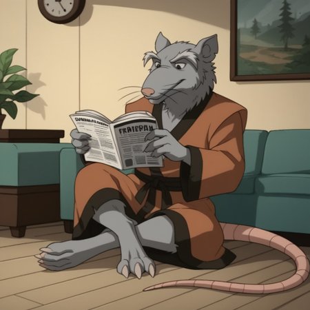 score_9, score_8_up, score_7_up, score_6_up, score_5_up, score_4_up, source_furry, Splinter03v2, semi-anthro, male, rat, grey fur, brown eyes, rat tail, red-orange kimono,  inside, sitting on a couch, legs crossed, reading newspaper,