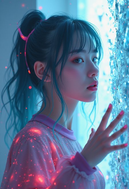 masterpiece, professional artwork, intricate details, inspired by Guweiz and Michael Divine, glitch, double exposure, fantasy theme, hologram, large cracks in reality, breaking through glass, shattered reality, Cinematic, cyberpunk, fourth wall break, watercolor, full body, foreshortening, reaching towards viewer, hand towards viewer, palm out, pale realistic skin, neon cyberwear tech fashion