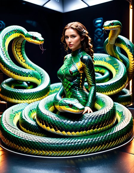 "A hyperrealistic life-size sculpture of a human morphing into a snake, each scale containing tiny holographic scenes of daily human life, glowing under soft, eerie lighting, surrounded by discarded skin, detailed scales, mixed with a high-tech futuristic vibe, surreal and unsettling atmosphere, photorealistic textures." <lora:SDXLFaeTastic2400:0.4> <lora:extremely_detailed:0.4> extremely detailed, <lora:sn4ke:1>,sn4ke, Masterpiece,best quality,hi res,8k,hi res,8k,award winning,(sharp focus, intricate, highly detailed),