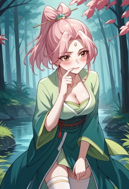 score_9, score_8_up, score_7_up, score_6_up, source_anime, Bairan, Baigreen dress, brown eyes, pink hair, ponytail, hair stick, forehead mark, cleavage, wide sleeves, sash, white thighhighs, leaning forward, blush, hand to mouth, forest