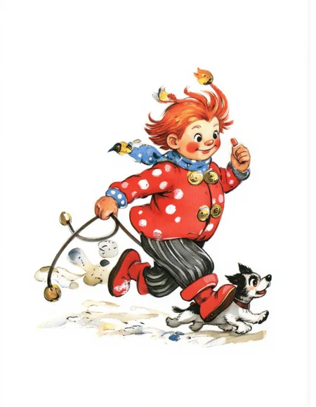 <lora:LV_NEW:1>, This is a colorful, whimsical drawing in a cartoon style, depicting a cheerful, young boy and his dog. The boy, who appears to be around six years old, is running to the right, holding a leash in his right hand. He has bright red hair that is tousled and sticking up, and he wears a red hat with a blue polka dot pattern and a yellow bell on top. His eyes are large and expressive, and his rosy cheeks add to his animated appearance. He is dressed in a red coat with large, white polka dots, black pants with white stripes, and red boots. The dog he is walking is small and white with black patches on its face and ears, and it has a playful expression. The dog is walking to the right on a leash, and its paws are leaving small, white paw prints in the snow. The background is plain white, making the vibrant colors of the boy and dog stand out prominently. The drawing has a playful, lively atmosphere, with soft, textured brushstrokes that give it a hand-drawn, sketch-like quality. The overall style is reminiscent of classic children's book illustrations, evoking a sense of joy and adventure., 
Show less