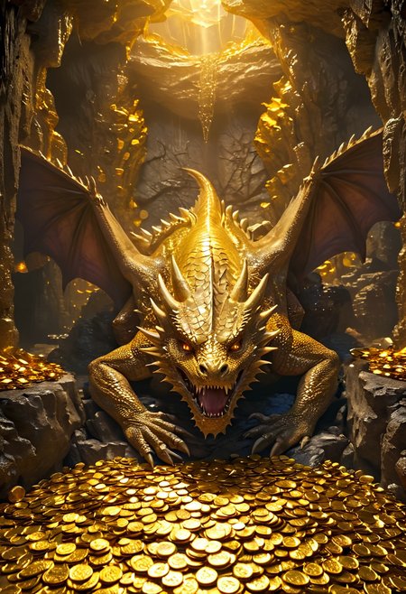 (((masterpiece))),(((best quality))),highres, 32k, a fantasy extremely realistic dragon lying on top of a pile of golden coins guarding it from adventurers in an underground huge cave <lora:More_interesting_backgrounds:1> IBG, introcated, breathtaking scenery, epic composition, highiest texture resolution, vivid colors, sharp focus, hyperrealistic, photorealistic, cinematic effect and lighting <lora:add_details_xl:1> <lora:add-detail-xl:1>