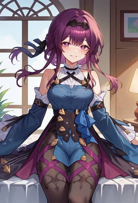 score_9, score_7_up, source_anime, solo, come hither, smile, cowboy shot,  BREAK    <lora:kafka (1):1> kafka, hair ribbon, frilled choker, criss-cross halter, sleeveless dress, high-waist skirt, backless dress, blue dress, waist blue bow, detached sleeves, frilled sleeves, wide sleeves, blue sleeves, black pantyhose, patterned legwear, pinstripe pantyhose, mary janes, layered dress,