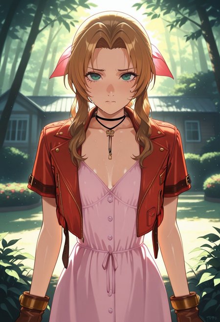 masterpiece,best quality,amazing quality,very aesthetic,absurdres,newest, detailed faces, (((typ0))),, (vibrant, dynamic lighting, edge lighting), (dramatic lighting:1.5),, (detailed faces:1.5), (detailed eyes:1.5), outside, house, garden, 
(1girl: Aerith Gainsborough, DefAerith, red jacket, cropped jacket, bow, choker, long pink dress, short boots, brown boots, brown hair, braided ponytail, long hair, green eyes, hair ribbon, petite, skinny, slim figure, small teardrop breasts),