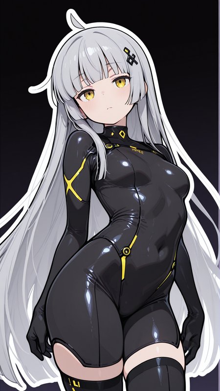 masterpiece, best quality, amazing quality, 
1girl, solo, gray hair, very long hair, hair ornament, ahoge, bangs, blunt bangs, black thigh highs, gloves, bodysuit, colorful, simple dark background, white outline, beautiful Face, yellow eyes
 <lora:kaibashira__Illustrious:1>