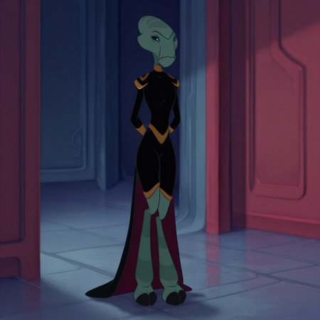 masterpiece, best quality, amazing quality, GrandCWil, anthro, female, alien, blue-green skin, blue eyes, black sclera, hooved feet, black bodysuit, gold trim, black cloak, standing, inside, arms behind back, solo,