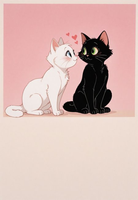 masterpiece, best quality, good quality, very awa, very aesthetic, absurdres, newest,  cute image, two cat, 
black cat, white cat, love, romantic, tjstyle, cartoon, pastel colar, patterns, hearts