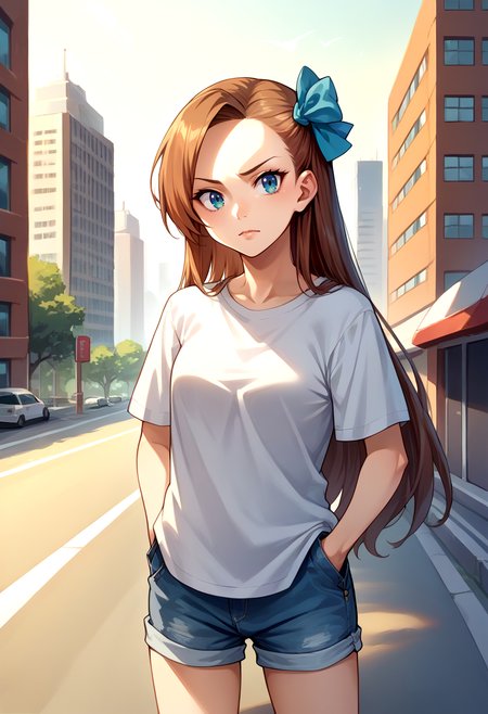 score_9, score_8_up, source_anime, 1girl, solo, KatarinaClaes, long hair, asymmetrical bangs, hair bow, t-shirt, denim shorts, standing, outdoors, city, hands in pockets, <lora:CHAR-KatarinaClaesPonyXL:1>