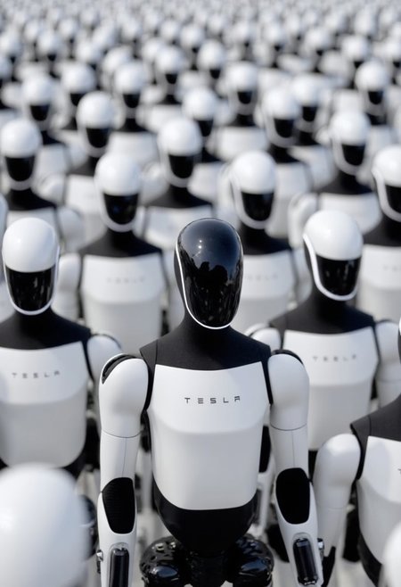 Create a photo where one sleek, futuristic Tesla robot stands out in a sea of standard, white Tesla robots. The focus is on a single black Tesla robot placed in the center, surrounded by an infinite number of identical white robots. The robots are arranged closely together, creating the impression of a large gathering. All the robots appear identical, except for the black Tesla robot, which stands out due to its distinct color. The scene is minimalistic and high-tech, emphasizing the contrast between the black and white robots in a detailed, realistic setting.