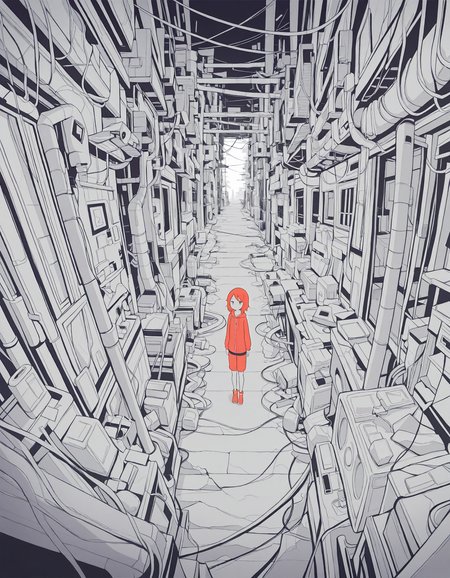 masterpiece,  best quality, newest, highres, absurdres, <lora:hebitsukai_style:1>,hebitsukai_illu, 1girl, short hair, solo, standing, monochrome, cable, industrial pipe,red girl