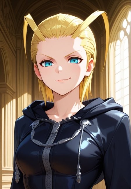 masterpiece, best quality, amazing quality, very aesthetic, absurdres,  newest, detailed background, upper body, indoors, white palace, marble, columns
larxenekh, 1girl, solo, blonde hair, antenna hair, hood, smirk, upper body, short hair, hood down, looking at viewer, forehead, zipper, hair slicked back, blue eyes, black coat
 <lora:Larxene_-_Kingdom_Hearts_Illustrious_r2:1>