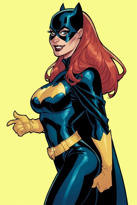 PonyXLV6_Scores , TerryDodson Style, Batgirl, 1girl, ass, belt, bodysuit, cape, domino mask, from side, gloves, large breasts, lips, lipstick, long hair, looking at viewer, makeup, mask, medium breasts, red hair, simple background, smile, solo, superhero, yellow background, yellow gloves, <lora:TerryDodsonPDXL:1>