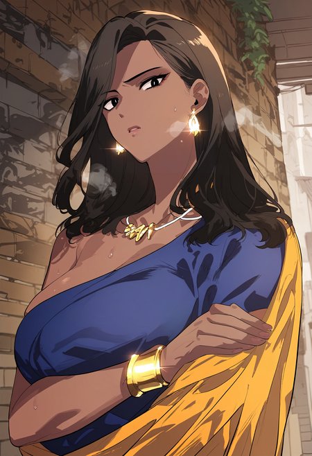 score_9, score_8_up, score_7_up, score_6_up, source_anime, rating_explicit, 1girl, solo, huge breasts, <lora:Nishaautisponyxl:1> dark skin, dark-skinned female, long hair, brown hair, black eyes, black hair, bright pupils, white pupils, earrings, jewelry, gold bracelet, necklace, blue dress, yellow dress, serious, parted lips, Narrow shoulders, heavy breathing, steaming body, alley, outdoors, looking at viewer, standing, crossed arms, close-up