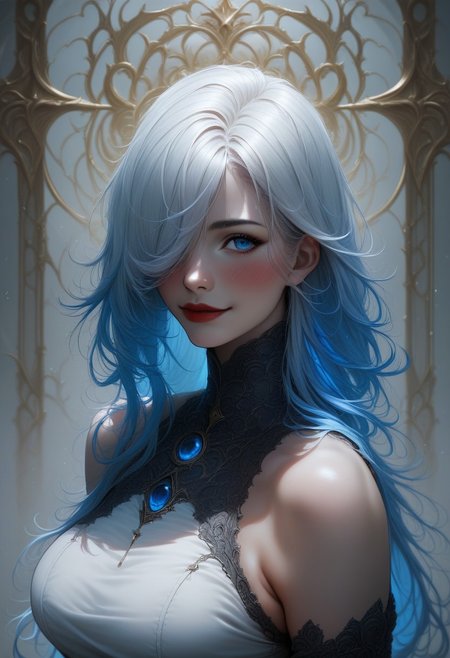 score_9, score_8_up, score_7_up,  uocst3t1c,UOCestetic,UOC estetic,  rating_safe,  1girl, solo, long hair, breasts, looking at viewer, blush, smile, bangs, blue eyes,  large breasts, black hair, closed dress, gloves, dress, bare shoulders, closed mouth,  blue hair, upper body, multicolored hair, elbow gloves, hair over one eye, collar, lips,  gradient hair, red lips,