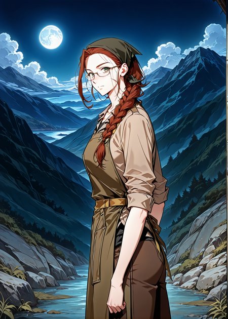 <lora:Eileen_Makefield__Omniscient_Readers_Viewpoint__Illustrious:1>
1 girl, solo, green eyes, red hair, brown hair, braid, single braid, long hair, freckles, head scarf, hair over shoulder, scar on face, braided ponytail,
black shirt, brown shirt, collared shirt, glasses, bandana, brown apron, collarbone, brown boots, sleeves rolled up, 
score_9, score_8_up, score_7_up, source anime, BREAK, cowboy shot, (from side), looking back, looking at viewer, overlooking mountain, high altitude, scenery, exterior, background, (solo), night, blue moon, <lora:iLLMythG0thicL1nes:1>