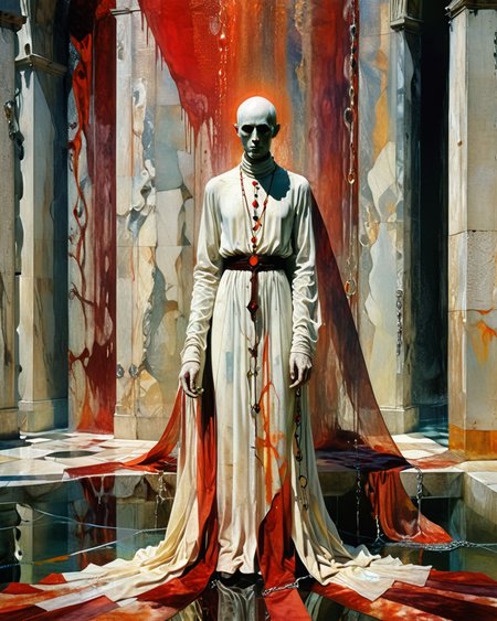 priest, alabaster skin, sable robe, cathedral, marble, velvet, colorful prismatic refracted light, reflections, water, fountain, blood, chains, transparency, intense colors, realistic photo, <lora:XSfenlie:0.6> fenliexl,  <lora:xl_more_art-full_v1:0.5>,  <lora:add-detail-xl:0.4>,   <lora:Philippe Druillet Style:1> Philippe Druillet Style,             <lora:Euan Uglow Style:1> Euan Uglow Style page