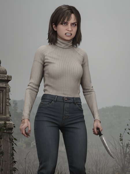 source_3d, score_9, <lora:AngelaSH2andRemake:0.85> sh2rangela, angry, holding knife