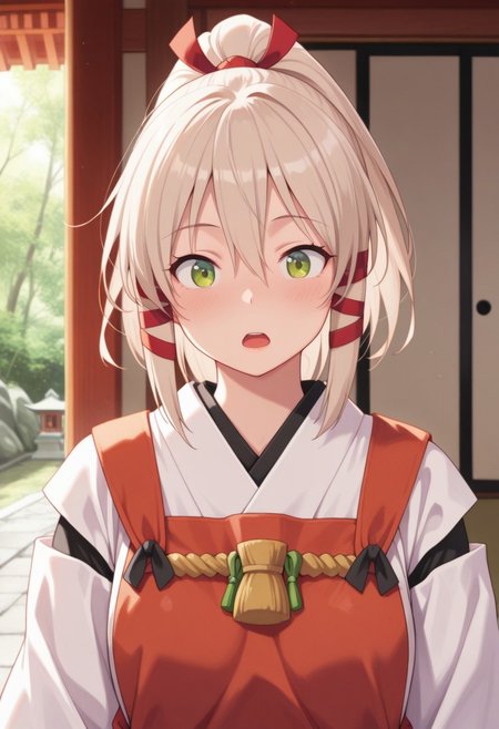 masterpiece,best quality,amazing quality, uka, light beige hair, green eyes, ponytail, long hair, 1girl, solo, hair ribbon, ribbon, miko, japanese clothes, tress ribbon, open mouth
