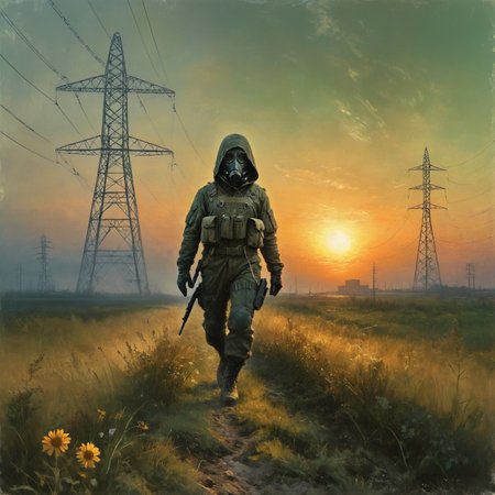 An digital illustration drawing masterpiece with intricate details and the best quality art by, (petrus van schendel) (Hans Larwin) and (dorian cleavenger) with (luis royo),  (chernobyl) exclusion zone, clear sky, sunset, late summer, vast meadow, tall grass, wildflowers,  train station in the distance, high voltage power lines, prypiat silhouette on the horizon, young attractive stalker woman, walking, in motion, wearing, hooded jacket, kevlar vest, tactical pants, tactical gear, military backpack, thigh holster, delivate face, upturned nose, full lips, green eyes, m17 gas mask, <lora:Kodak Motion Picture Film Style v4:1> <lora:add_detail:0.8>  <lora:aesthetic:0.8>  <lora:LaxpeintXL-2.0:0.5> <lora:extremely_detailed:0.5>  <lora:Desolation:0.3>