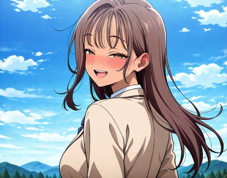 masterpiece, best quality, newest, absurdres, highres, detailed eyes, beautiful, detailed background, perfect eyes, anime coloring, anime screencap,
1girl, looking back, smile, half-closed eyes, 
blue sky, outdoors, back view,upper teeth only, smile, blush, 
<lora:Meat_Garden:0.8>Meat_GardenV1,
1girl,,dark-skinned female, 
breasts,school uniform,BEIGE jacket, 
collared shirt, 
brown hair,long hair,
 large breasts,  
simple background, white sheet,