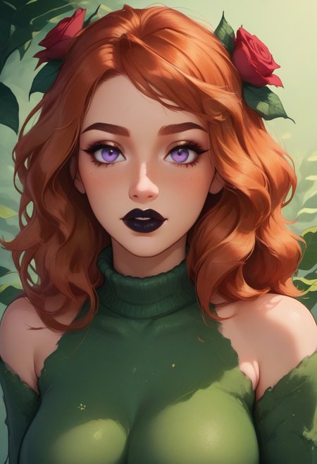 score_9, score_8_up, score_8, score_9, solo,1girl, 21 year old, sexy plant girl, green skin, dark orange hair, purple eyes, warm look, ((short neck:1.2)),leafy long hair, red roses, messy hair, small flowers in hair ,flowers in hair, black lipstick, sexy face, dark green wool turtleneck,mai tokiha