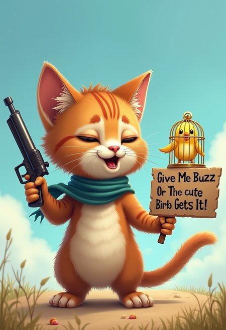 A short cute cat holding a handgun pointing it to a cute innocently looking trapped bird in a golden cage and in it's other hand holding a hand-made sign that reads ‘Give Me Buzz Or The cute Birb Gets It!’ in bold, rough letters. His expression is a mix of  dastardly and wicked smile as he clutches the sign with one hands. The scene is set on a lovely sunny day blue sky, with the sign prominently displayed as he tries to get attention. The background hints at a life of whimsical adventures,