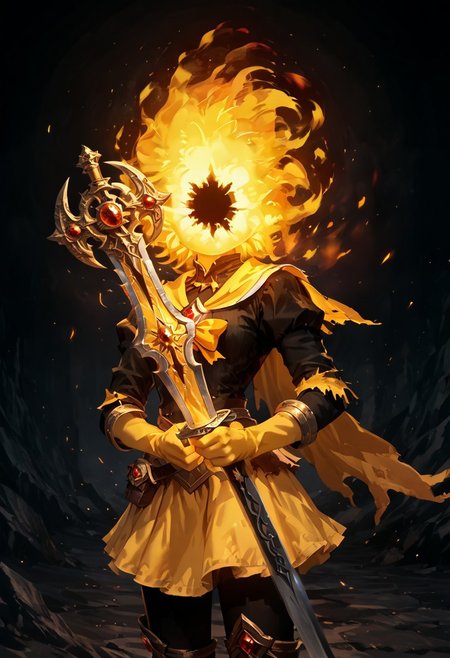 score_9, score_8_up, score_7_up,
lord_of_frenzy, fire head, holding sword, 
novakin, faceless, no eyes, no mouth, no nose, no facial features, short fiery yellow orange hair, body made of black plasma,
magical girl outfit, 
detailed dark fantasy village background,