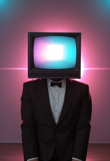 an interesting composition of (dzktxez) , a realistic scene of a cartoon being shown on the TV and in this scene there is a person that has a ((television)) for their head, looking at viewer,  (tv for his head),1boy, male focus, they are wearing a formal black suit, ultra HD, realistic 8K raw photography, prismatic sci fi inspired DSLR photography,  HDR, UHD, 64K, vivid details, vibrant colors, natural lighting, volumetric lighting, bokeh,  extremely detailed, cyberpunk theme, retro futurism, 128k, ((tv head)), world morph, anthro tv, zPDXL