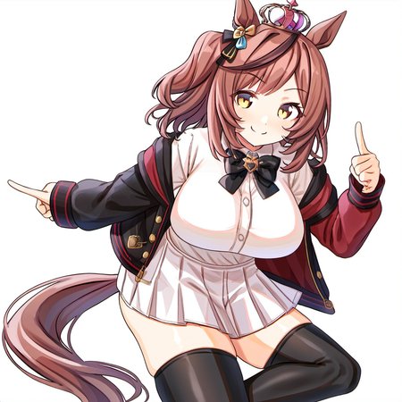 1girl, aston machan (umamusume), :>, animal ears, black bow, black bowtie, black thighhighs, bow, bowtie, breasts, brown hair, crown, ear ornament, feet out of frame, horse ears, horse girl, horse tail, jacket, large breasts, long sleeves, looking at viewer, medium hair, multicolored clothes, multicolored jacket, one side up, pleated skirt, pointing, pointing at self, red jacket, red scrunchie, scrunchie, skirt, smile, solo, tail, thighhighs, tilted headwear, two-tone jacket, white jacket, white skirt, yellow eyes