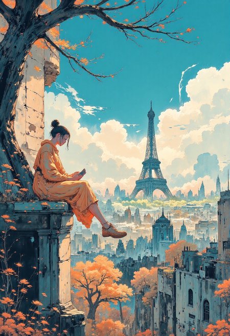 A dynamic anime-style illustration of a glamour woman sitting on the edge of a building in paris, overlooking the eiffel tower, high above the city. She has her legs stretched forward with her hands gently resting on her knees, her upper body leaning slightly forward. her cat rests next to her on the ledge. She wears a bright pink dress,  and vibrant pink sandals with white soles. Her golden blonde hair flows naturally in the breeze.
The background features a vivid urban parisian cityscape , with detailed buildings, small cars, and bustling streets far below. The perspective emphasizes depth and height, creating a thrilling and adventurous atmosphere. The color scheme is dominated by bright blue and pink tones, with orange and green elements.
The sunlight casts soft, warm shadows, enhancing the vibrant and energetic mood. The overall composition is dynamic and asymmetrical, with a strong sense of scale and movement in the scene, painted world