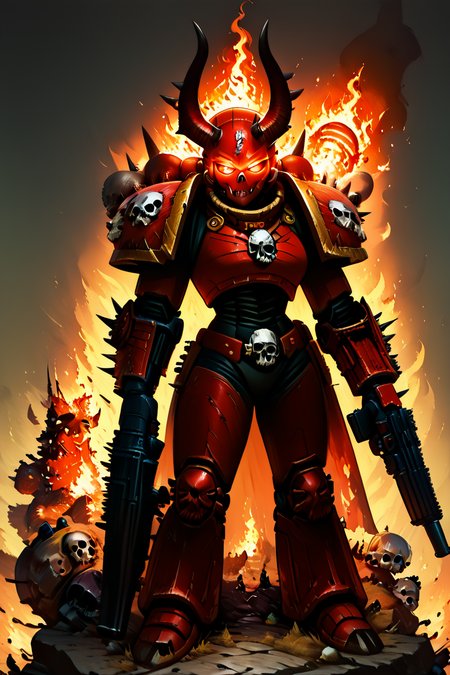 score_9, score_8_up, score_8, medium breasts, (curvy), cute, eyelashes,           BREAK, , BREAK,     solo, looking at viewer, red eyes, 1boy, holding, standing, full body, weapon, male focus, horns, holding weapon, armor, gun, glowing, fire, shoulder armor, holding gun, glowing eyes, spikes, science fiction, pauldrons, skull, machine gun, demon, power armor, shoulder spikes   <lora:AnatoFinnstarkStyle_PDXL:1.0>,     <lora:Khorne_World_PDXL:1.0>,      embedding:zPDXL, Expressiveh, <lora:SDXLFaeTastic2400:0.5>,  <lora:Expressive_H-000001:0.4>,