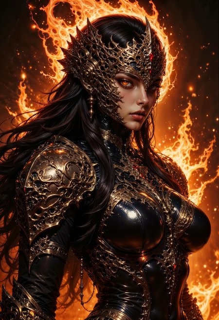 A striking, powerful female warrior adorned in intricately detailed, blackened obsidian armor with glowing ember-like veins coursing through it. Her face is framed by a golden, ornate, and filigreed crown-like headpiece that melds seamlessly with her fierce and regal expression. Her fiery orange eyes radiate intensity, and her dark flowing hair moves as if caught in an unseen breeze. Flames and molten energy swirl around her, creating an aura of burning power. The background is a moody, dark environment with contrasting light from the fiery embers illuminating the scene. Ultra-realistic rendering with an epic, gothic fantasy aesthetic, emphasizing rich textures, dramatic lighting, and a sense of overwhelming elemental energy.