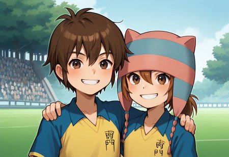 score_9, score_8_up, score_7_up, source_anime, highly detailed, 2boys,
matsuno, 1boy, male focus, brown hair, ponytail black eyes, hat, animal hat, BREAK
handa, 1boy, male focus, brown hair, hair between eyes, brown eyes,  BREAK
sportwear, raimon, soccer uniform, raimon soccer uniform, shirt, raglan sleeves, blue shirt, yellow shirt, short sleeves, upper body, smile, grin,
outdoor, hand on another's shoulder,