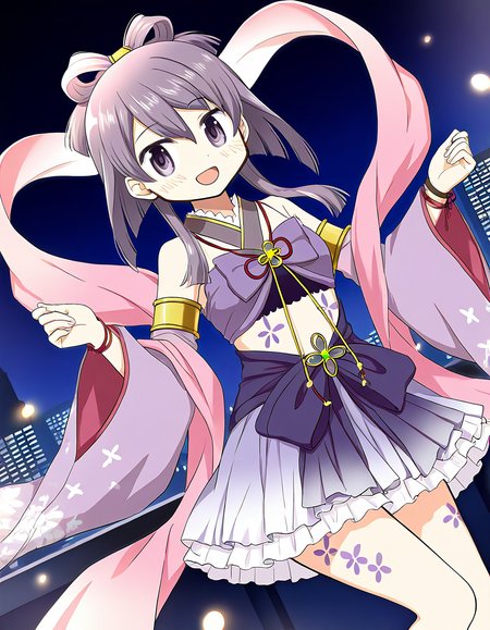 masterpiece, best quality, newest, absurdres, highres, safe, 1girl, aika himena, magia record: mahou shoujo madoka magica gaiden, hagoromo, solo, smile, open mouth, city, night, dutch angle, <lora:aika_himena_noobaiXLNAIXL_vPred10Version:0.7>