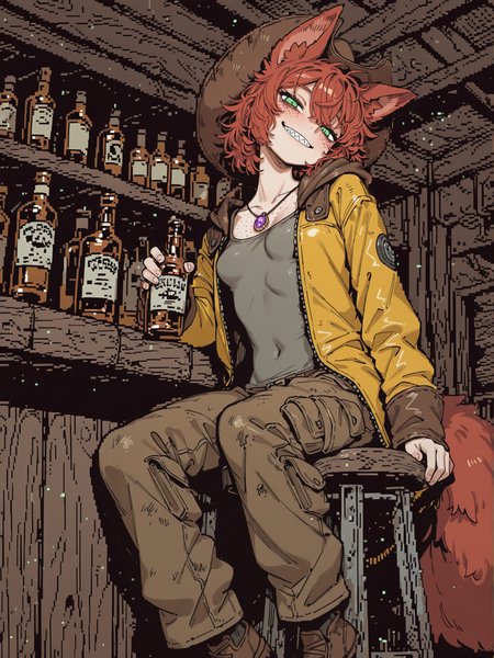 1girl, solo,
woman, fox woman, human fox hybrid, mutant,

commodore, pixel, masterpiece, best quality,
post-apocalypse, mix of science fiction and cowboy western, dieselpunk, atompunk, fallout \(series\),
karasuchan,
<lora:KarasuChanIllustriousXL_byKonan:0.9>
BREAK
skin, white face, (freckles),
detailed eyes, green eyes, emerald eyes, realistic eyes,
fox ears, sharp ears,
red hair, messy hair, hair style, fur on sides of head,
fox tail, thick tail,
pendant, crude purple crystal pendant, purple pendant,
small breasts,
sharp teeth, trained, beautiful, tomboy
BREAK
cowboy hat, leather hat, large hat,
yellow coat, leather coat-jacket with hood,
cargo pants,
withered clothes, well-worn clothes,
grey shirt,
brown footwear,
BREAK
commodore, pixel, view from side, bar, dim light, dark theme, whiskey bottles, empty bottles, drunk, slumping, hiccup, brown bottles with yellow labels, sitting, sitting on a bar stool, wooden bar, looking at viewer, low angle view, head tilt, holding bottle,
<lora:Commodor_64_Pixel:1.0>
Negative prompt: low quality,worst quality,normal quality,text,signature,jpeg artifacts,bad anatomy,bad hands,old,early,copyright name,signature,realistic,watermark,artist name, duo, anthro
Steps: 28, Sampler: Euler, Schedule type: Automatic, CFG scale: 3.5, Seed: 2778698508, Size: 960x1280, Model hash: d0b78b1a5a, Model: plantMilkModelSuite_hemp, Denoising strength: 0.5, Hires Module 1: Use same choices, Hires CFG Scale: 5, Hires upscale: 1.25, Hires steps: 20, Hires upscaler: R-ESRGAN 4x+ Anime6B, Lora hashes: "KarasuChanIllustriousXL_byKonan: 2e7d8e28b943, Commodor_64_Pixel: 51af3923508c", Discard penultimate sigma: True, Version: f2.0.1v1.10.1-previous-635-gf5330788

For img2img (inpaint) i've removed all commodor parts



1girl, solo,
woman, fox woman, human fox hybrid, mutant,
masterpiece, best quality,
post-apocalypse, mix of science fiction and cowboy western, dieselpunk, atompunk, fallout \(series\),
karasuchan,
<lora:KarasuChanIllustriousXL_byKonan:0.9>
BREAK
skin, white face, (freckles),
detailed eyes, green eyes, emerald eyes, realistic eyes,
fox ears, sharp ears,
red hair, messy hair, hair style, fur on sides of head,
fox tail, thick tail,
pendant, crude purple crystal pendant, purple pendant,
small breasts,
sharp teeth, trained, beautiful, tomboy
BREAK
cowboy hat, leather hat, large hat,
yellow coat, leather coat-jacket with hood,
cargo pants,
withered clothes, well-worn clothes,
grey shirt,
brown footwear,
BREAK
view from side, bar, dim light, dark theme, whiskey bottles, empty bottles, ((drunk)), drnk blush, slumping, hiccup, brown bottles with yellow labels, sitting, sitting on a bar stool, wooden bar, looking at viewer, low angle view, head tilt, holding bottle, slim, muscular, smug smile, sly, skinny
